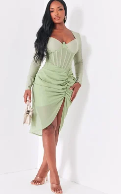 Shape Sage Green Corset Long Sleeve Ruched Midi Dress