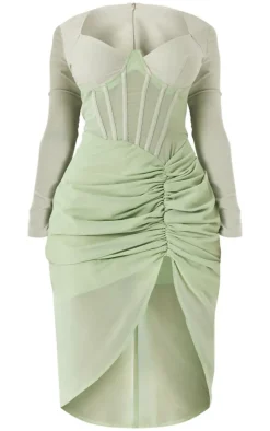 Shape Sage Green Corset Long Sleeve Ruched Midi Dress