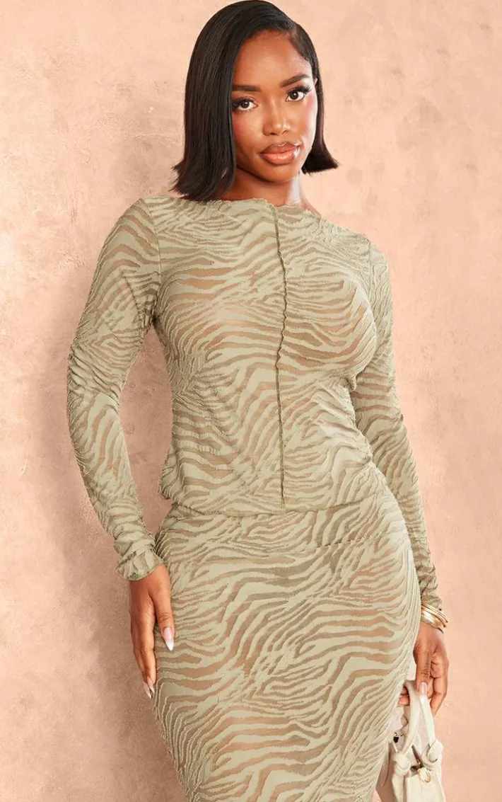 Shape Sage Green Flocked Mesh Long Sleeve Longline Top