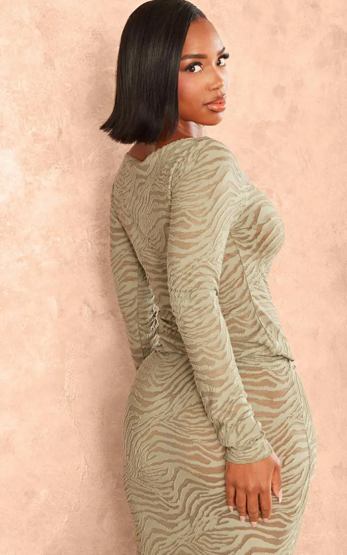 Shape Sage Green Flocked Mesh Long Sleeve Longline Top