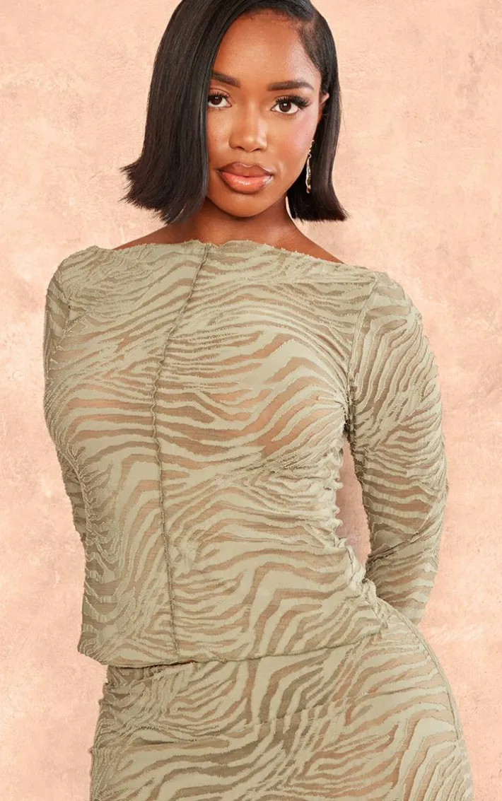Shape Sage Green Flocked Mesh Long Sleeve Longline Top