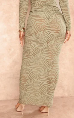 Shape Sage Green Flocked Mesh Maxi Skirt