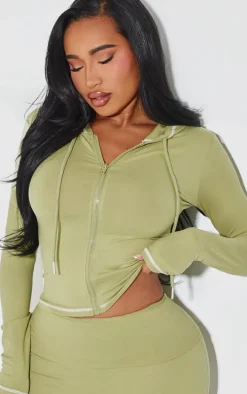 Shape Sage Green Sculpted Contrast Stitch Zip Through Hoodie