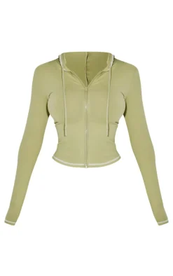 Shape Sage Green Sculpted Contrast Stitch Zip Through Hoodie