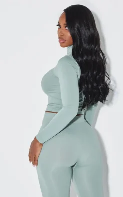 Shape Sage Green Stretch Seamless High Neck Long Sleeve Top