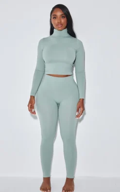 Shape Sage Green Stretch Seamless High Neck Long Sleeve Top