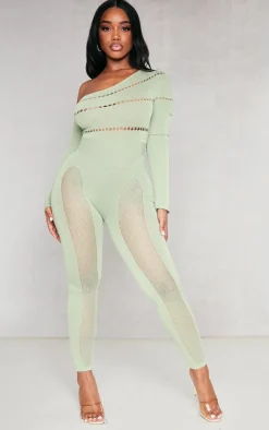 Shape Sage Khaki Bardot Knitted Hole Detailed Jumpsuit