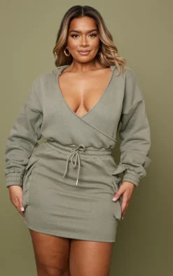 Shape Sage Khaki Plunge Utility Wrap Pocket Sweatshirt Dress