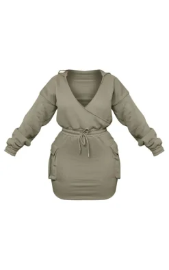 Shape Sage Khaki Plunge Utility Wrap Pocket Sweatshirt Dress