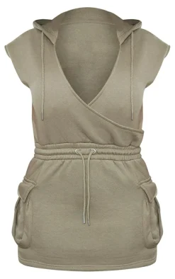 Shape Sage Khaki Plunge Wrap Utility Pocket Sleeveless Sweatshirt Dress