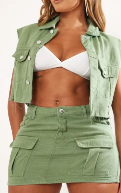 Shape Sage Khaki Washed Denim Low Rise Micro Mini Skirt