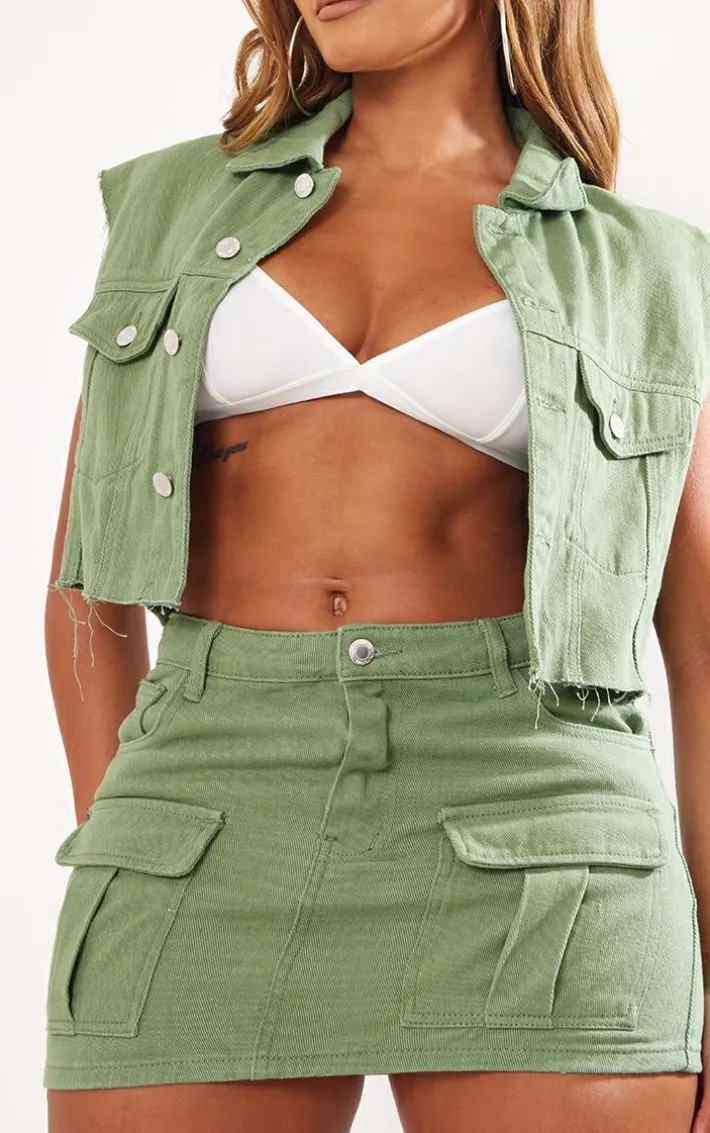 Shape Sage Khaki Washed Denim Low Rise Micro Mini Skirt