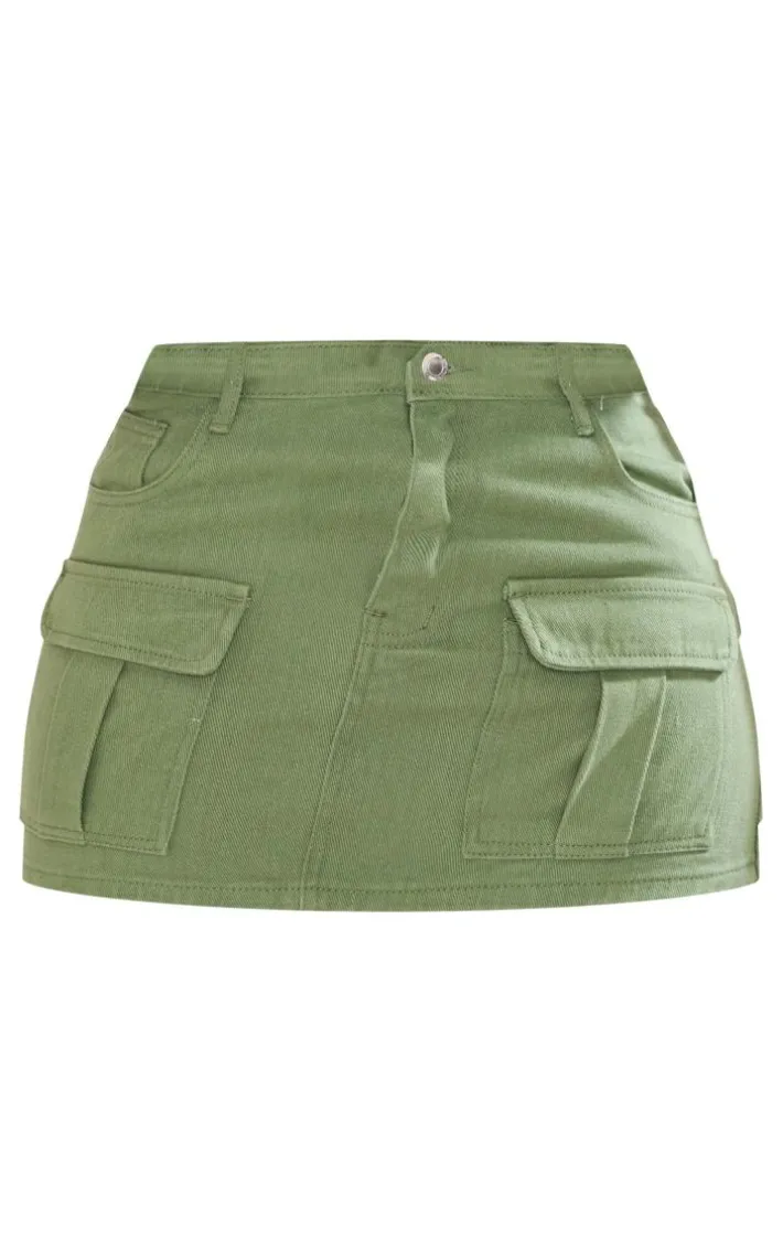 Shape Sage Khaki Washed Denim Low Rise Micro Mini Skirt