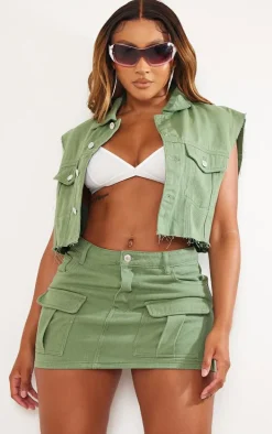 Shape Sage Khaki Washed Denim Raw Hem Edge Cropped Jacket