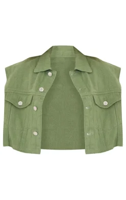 Shape Sage Khaki Washed Denim Raw Hem Edge Cropped Jacket