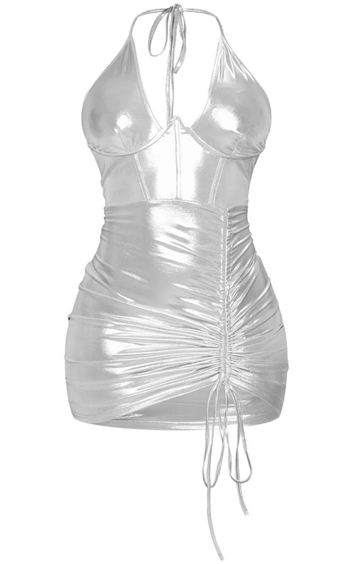 Shape Silver Metallic Halterneck Ruched Dress