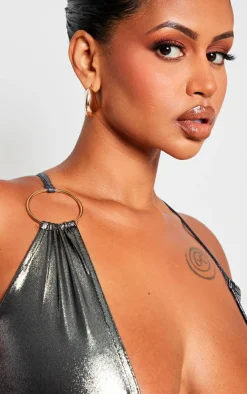 Shape Silver Metallic Ring Detail Plunge Bodycon Dress