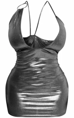 Shape Silver Metallic Ring Detail Plunge Bodycon Dress