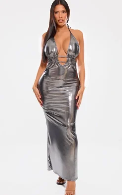 Shape Silver Metallic Wet Look Plunge Front Halter Neck Maxi Dress