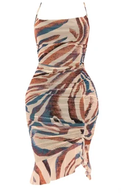 Shape Stone Animal Print Mesh Cowl Ruched Midi Dress
