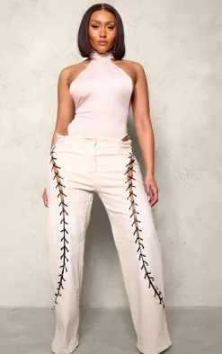 Shape Stone Denim Lace Up Front Raw Waist Wide Leg Jeans