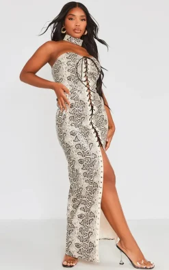 Shape Stone Faux Leather Snake Print Lace Up Front Maxi Dress