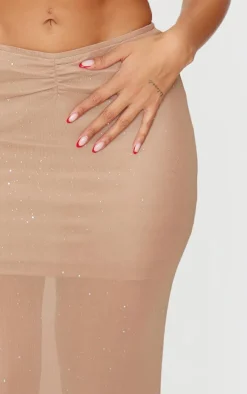 Shape Stone Glitter Low Rise Ruched Front Fishtail Maxi Skirt