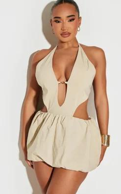 Shape Stone Halter Neck Plunge Front Open Back Puffball Mini Dress