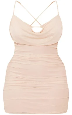 Shape Stone Mesh Cowl Bralet Detail Ruched Bodycon Dress