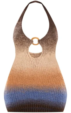 Shape Stone Ombre Knit Plunge Ring Detail Bodycon Dress