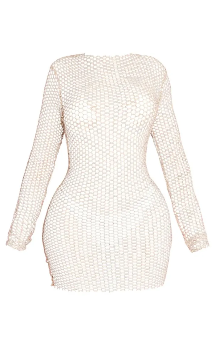 Shape Stone Sheer Fishnet Long Sleeve Bodycon Dress