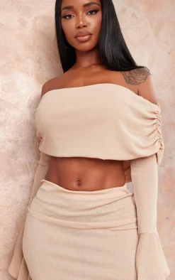 Shape Stone Sheer Mesh Bardot Flute Sleeve Crop Top