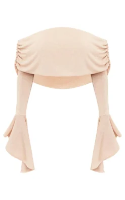 Shape Stone Sheer Mesh Bardot Flute Sleeve Crop Top