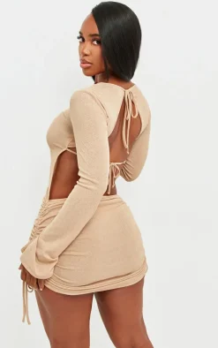 Shape Stone Sheer Mesh Long Sleeve Cut Out Back Ruched Bodycon Dress