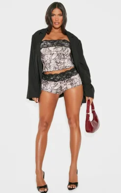 Shape Stone Slinky Lace Trim Snake Print Hot Pants