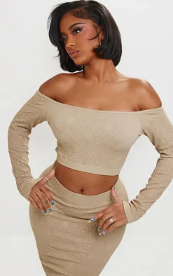 Shape Stone Textured Seamless Bardot Long Sleeve Crop Top