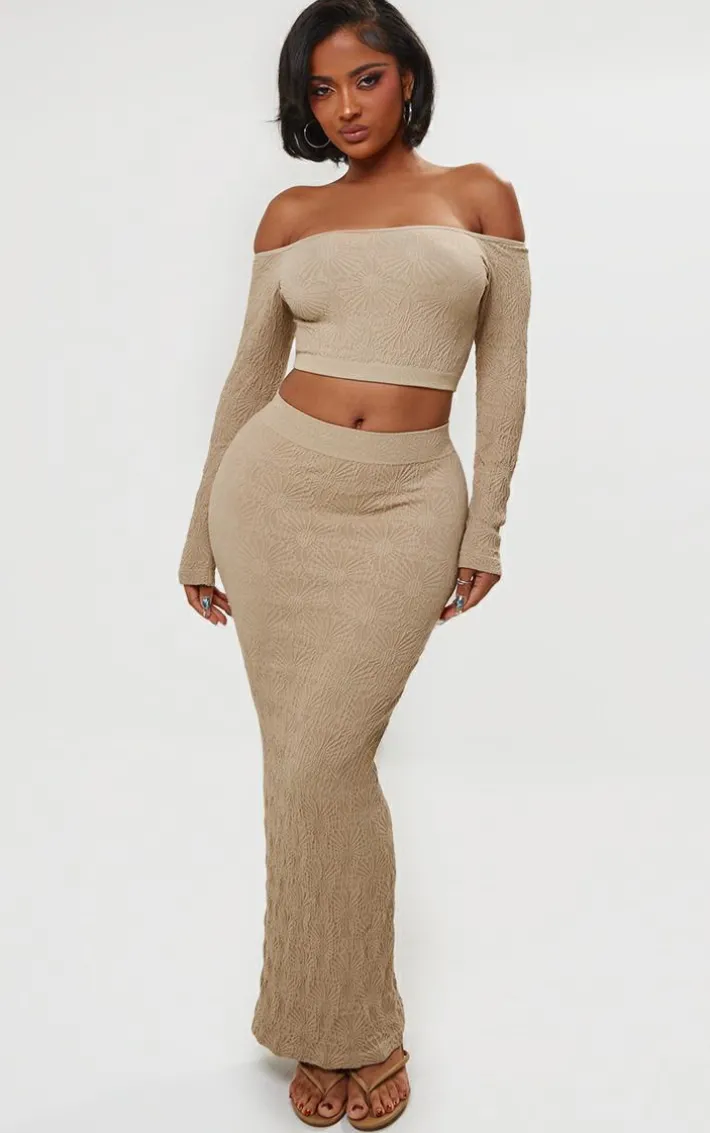 Shape Stone Textured Seamless Bardot Long Sleeve Crop Top