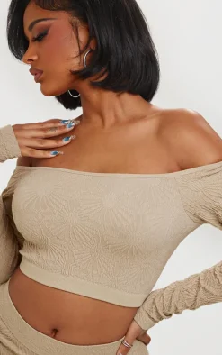 Shape Stone Textured Seamless Bardot Long Sleeve Crop Top