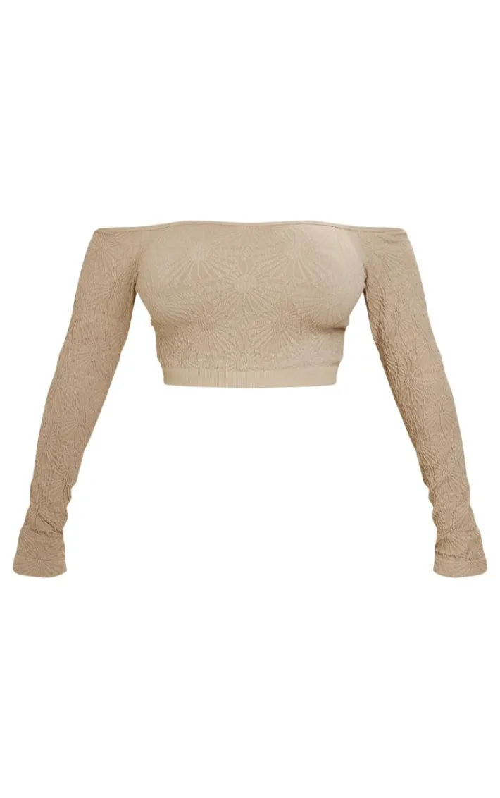 Shape Stone Textured Seamless Bardot Long Sleeve Crop Top