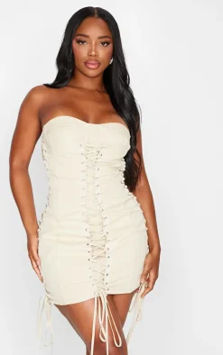 Shape Stone Woven Lace Up Corset Bandeau Bodycon Dress