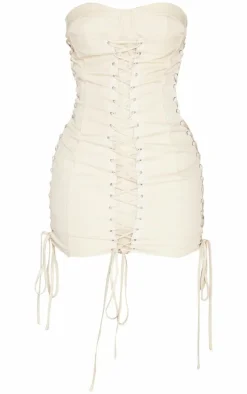 Shape Stone Woven Lace Up Corset Bandeau Bodycon Dress