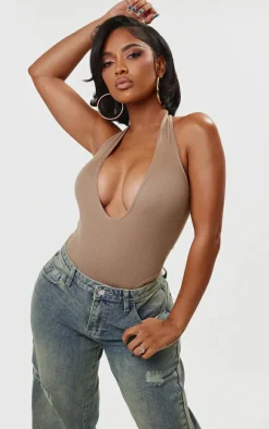 Shape Taupe Ribbed Halterneck Plunge Bodysuit