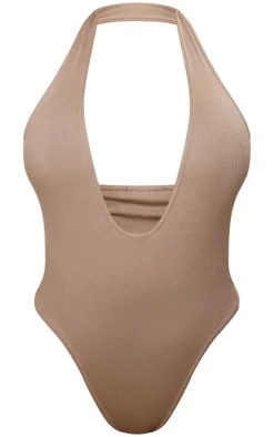 Shape Taupe Ribbed Halterneck Plunge Bodysuit