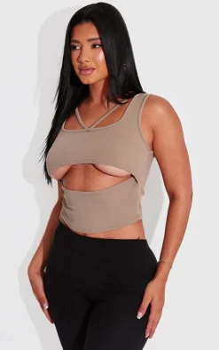Shape Taupe Ribbed Strap Detail Cut Out Crop Top