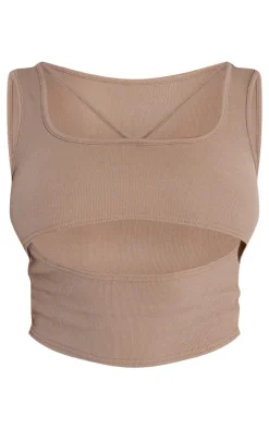 Shape Taupe Ribbed Strap Detail Cut Out Crop Top