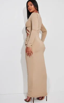 Shape Taupe Slinky Cut Out Ring Long Sleeve Maxi Dress