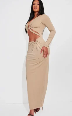 Shape Taupe Slinky Cut Out Ring Long Sleeve Maxi Dress