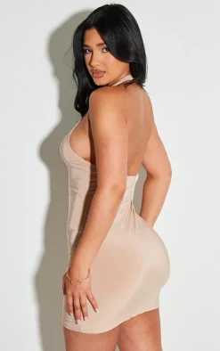 Shape Taupe Slinky Ring Detail Racer Neck Bodycon Dress