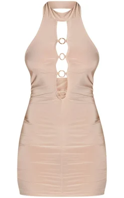 Shape Taupe Slinky Ring Detail Racer Neck Bodycon Dress