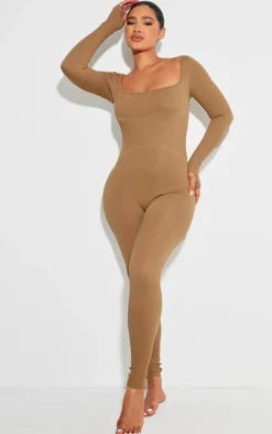 Shape Taupe Snatched Rib Square Neck Thumb Hole Jumpsuit